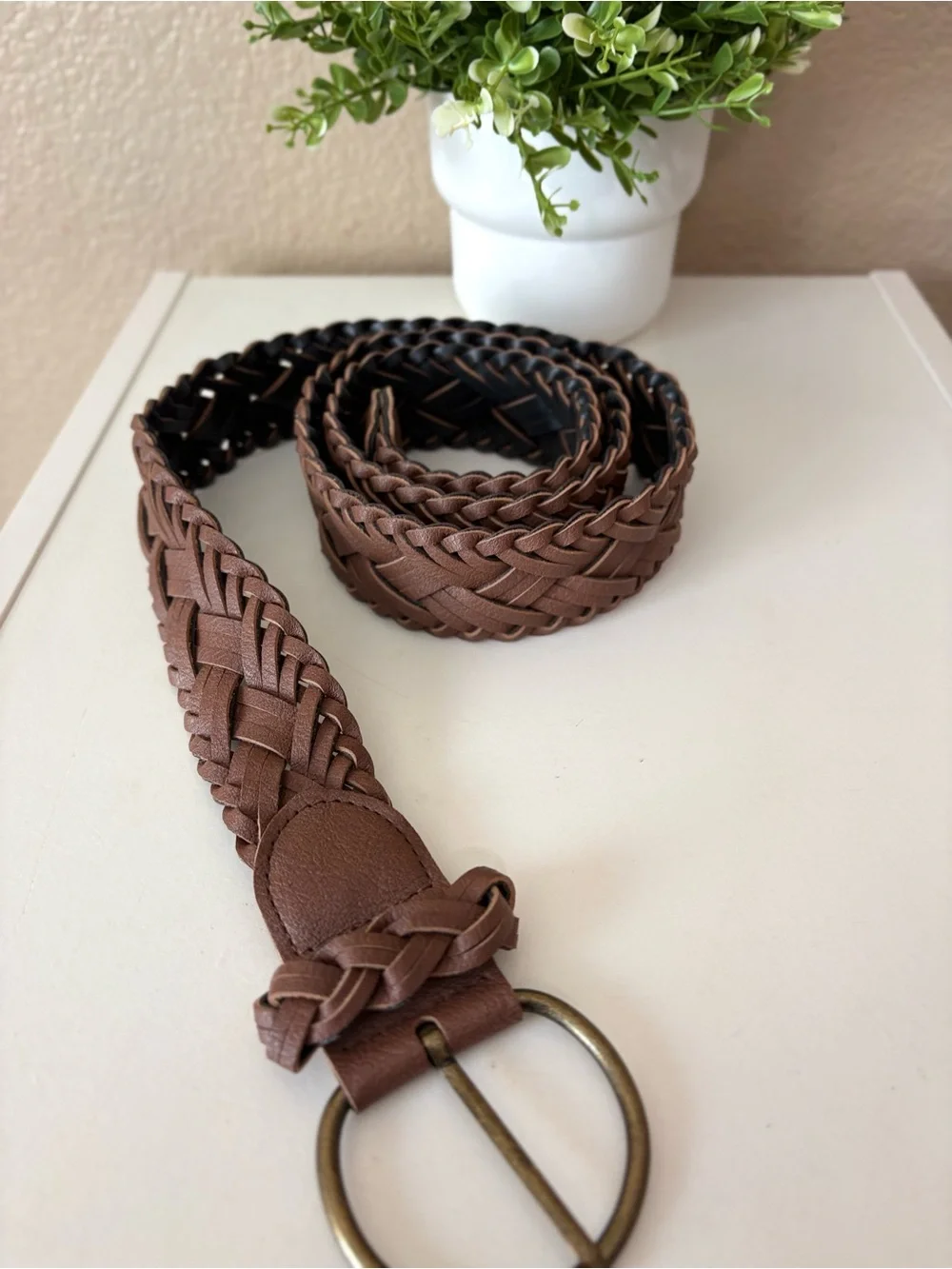 Brown Braided Leather Belt with Brass Ring Buckle size L/30